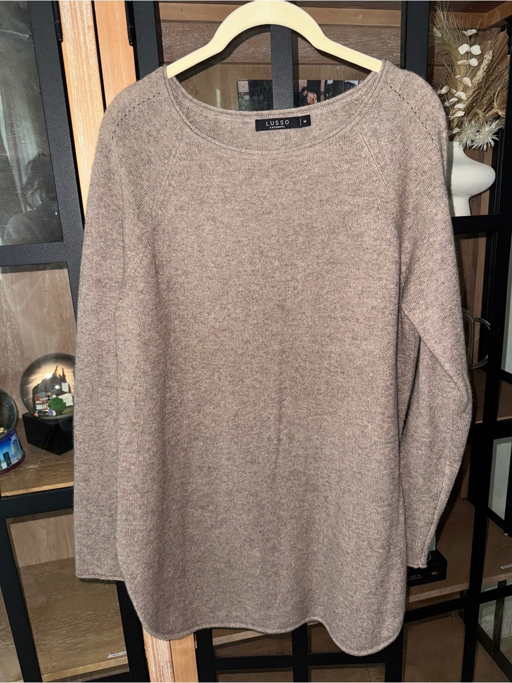 Lusso 100% cashmere sweater curved hem raglan boatneck quiet luxury neutral